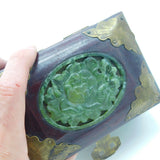 Chinese Lacquer, Brass Bounded & Carved Jade Panel Set Jewellery Box c1920