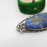 Sterling Silver Floral Pattern Lapis Lazuli Brooch Pin Vintage c1950