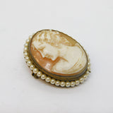 Art Deco Sterling Silver Gilt, Carved Shell & Seed Pearl Cameo Brooch Antique