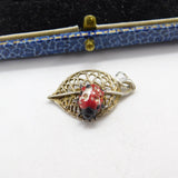 Sterling Silver & Enamel Ladybird on Leaf Charm Pendant Vintage c1970