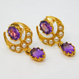 9ct Yellow Gold, Amethyst & Seed Pearl Crescent Drop Stud Earrings Vintage