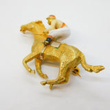 9ct Yellow Gold & Red-Cream Enamel Horse Racing Brooch Vintage 1973 Birmingham