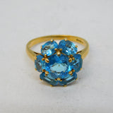 9ct Yellow Gold & Blue Topaz Floral Cluster Ring Vintage 1996 London