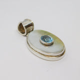 Sterling Silver Shell & Blue Topaz Studio Style Oval Charm Pendant Vintage c1970