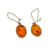 Pair of Sterling Silver Oval Baltic Amber Kidney Wire Earrings Modern c1990