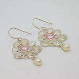 Pair of Sterling Silver Moonstone, Ruby & Pearl Hook Drop Earrings Modern c1990