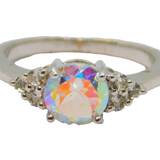 Sterling Silver Iridescent Crystal & White Sapphire Ring Vintage c1970 Size N
