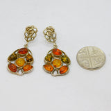 Pair of Sterling Silver Multi Baltic Amber Stud Drop Earrings Vintage c1970