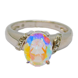Sterling Silver Iridescent Glass Solitaire Dress Ring Vintage c1970 Size N 1/2