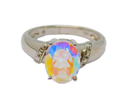 Sterling Silver Iridescent Glass Solitaire Dress Ring Vintage c1970 Size N 1/2