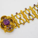 Victorian Rolled Gold Amethyst Paste Set Etruscan Style Cuff Bracelet Antique