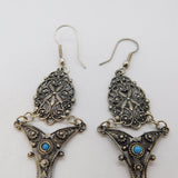 Sterling Silver Large Turquoise Set Filigree Hook Drop Earrings Vintage c1990