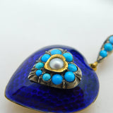 Victorian 18ct Gold, Blue Enamel, Turquoise & Pearl Heart Pendant c1840 Antique