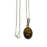 Sterling Silver & Cabochon Cut Green Amber Drop Pendant Necklace Vintage