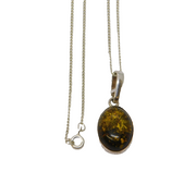 Sterling Silver & Cabochon Cut Green Amber Drop Pendant Necklace Vintage