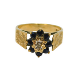 9ct Yellow Gold Sapphire & Diamond Cluster Patterned Ring Vintage 1979 London