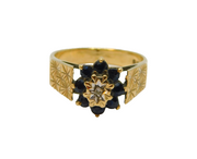 9ct Yellow Gold Sapphire & Diamond Cluster Patterned Ring Vintage 1979 London