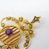 Edwardian 9ct Yellow Gold, Amethyst & Seed Pearl Lavalier Pendant Antique c1910