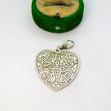 Sterling Silver Ornate Cutwork Spinel Set Heart Charm Pendant Vintage c1970