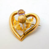 Edwardian 9ct Gold & Amethyst Scottish Thistle Heart Brooch Antique c1910