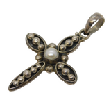 Studio Sterling Silver & Pearl Set Cross Pendant Vintage c1980s