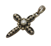 Studio Sterling Silver & Pearl Set Cross Pendant Vintage c1980s