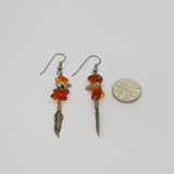 Pair of Sterling Silver Carnelian, Bear & Feather Drop Earrings Vintage c1970