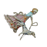 Sterling Silver, Enamel, Marcasite Lady with Dog Brooch Pin Antique c1940