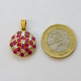 18ct Yellow Gold, 0.8ct Diamond & Ruby Set Floral Drop Pendant Antique c1930s