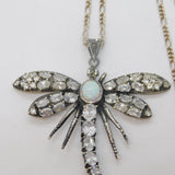 Sterling Silver, Opal & White Topaz Large Dragonfly Necklace Vintage c1990s