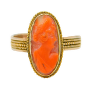 Victorian 15ct Yellow Gold Carved Red Coral Cameo Dress Ring Antique c1860