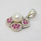 Sterling Silver, Ruby & Pearl Set Floral Drop Pendant Vintage c1990s
