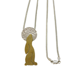 Sterling Silver & Brass Hare Looking at the Moon Pendant Necklace Vintage