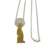 Sterling Silver & Brass Hare Looking at the Moon Pendant Necklace Vintage