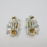 Pair of Sterling Silver Opal Cabochon & Blue Topaz Clip Earrings Vintage c1970