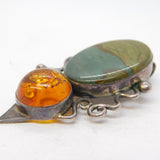 Studio Large Sterling Silver, Amber & Jasper Pendant Vintage c1970s