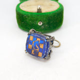 Base Metal & Blue Resin Chess Board Fob Charm Pendant Vintage c1970