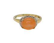 Gold On Sterling Silver Peach Moonstone & Diamond Ring Vintage c1970 Size N