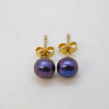 Pair of 9ct Yellow Gold & Cultured Black Pearl Stud Earrings Vintage c1990s