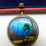Sterling Silver & Morpho Butterfly Wing Island Scene Brooch Antique c1930 Deco