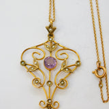 Edwardian 9ct Gold, Amethyst & Seed Pearl Lavalier Pendant Necklace Antique
