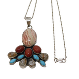 Sterling Silver Large Coloured Hardstone Set Floral Pendant Necklace Vintage