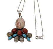 Sterling Silver Large Coloured Hardstone Set Floral Pendant Necklace Vintage
