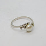 Sterling Silver Button Pearl & White Topaz Dress Band Ring Vintage c1990 Size Q