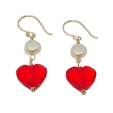 Pair of Sterling Silver Pearl & Red Crystal Heart Earrings Contemporary c2015
