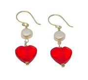 Pair of Sterling Silver Pearl & Red Crystal Heart Earrings Contemporary c2015