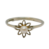 Sterling Silver Pearl & Flower Design Dress Band Ring Vintage c1970 Size N