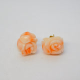 Chinese Yellow Metal Carved Angel Skin Coral Floral Stud Earrings Antique
