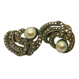 Pair of .800 Silver Marcasite & Pearl Deco Clip On Earrings Antique c1930