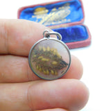 Victorian Sterling Silver Pressed Flowers Marriage Fob Charm c1890 Antique